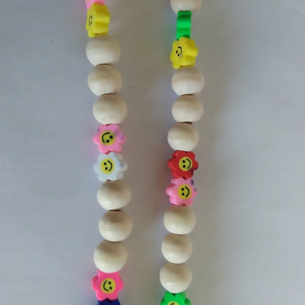 Wooden Bead Smiley Flower Lanyard Keychain Kidcore Fun Colorful Modern Utility